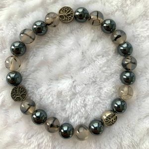 Dragon Vein Agate, Hematite, and Tibetan Silver Tree of Life Crystal Bracelet 3”